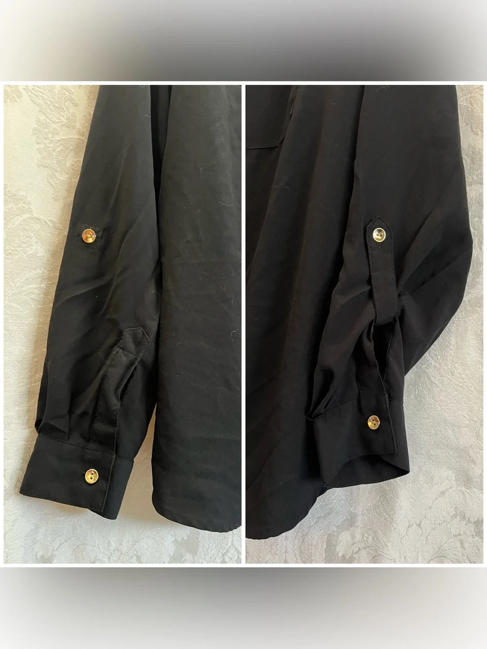 Charter Club Women’s Black Button Up Blouse Size Small GUC Roll Tab Sleeves